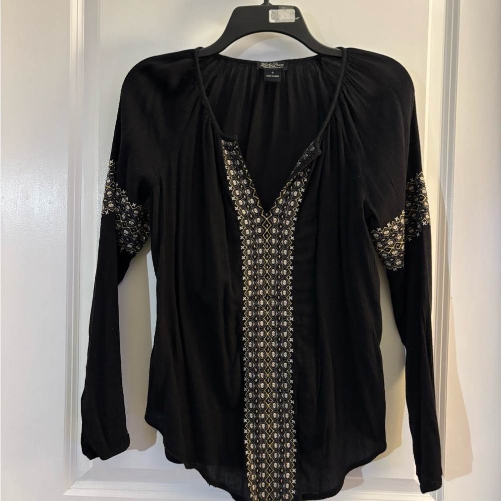 Lucky Brand Embroidered Black V-Neck Long Sleeve Top Sz S